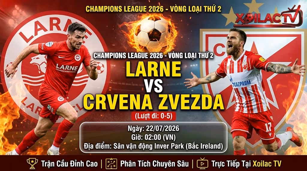 Nhan dinh soi keo Larne vs Crvena Zvezda vong loai Cup C1 tai Xoilac TV