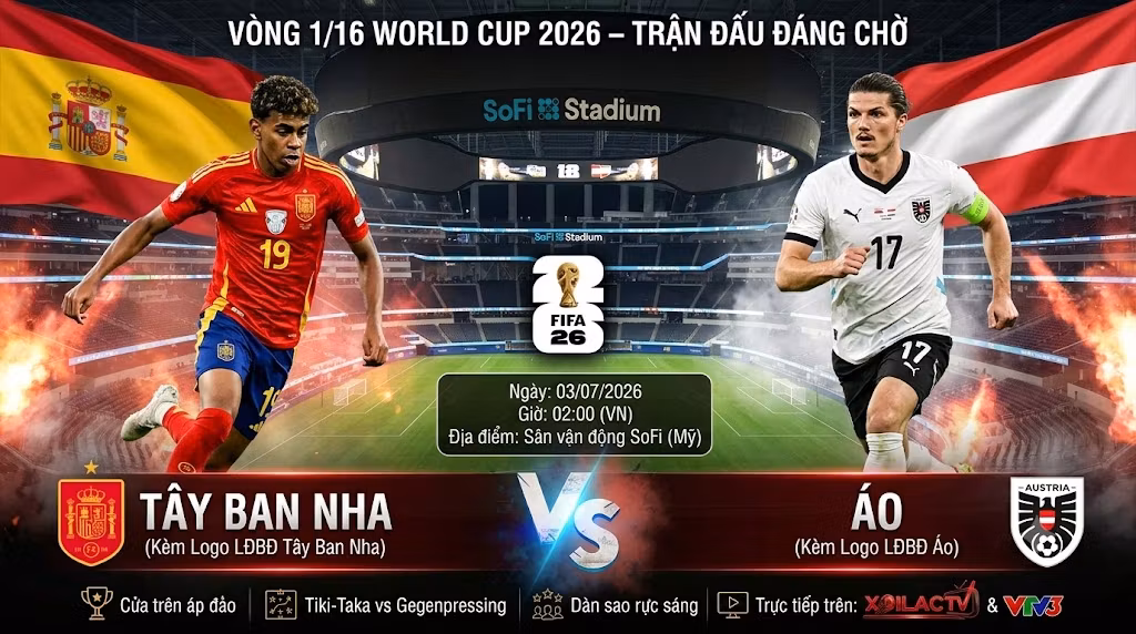 Nhận định trận đấu Tây Ban Nha vs Áo tại vòng 1/16 World Cup 2026 chi tiết trên Xoilac TV.
