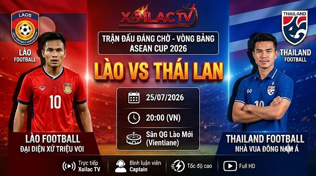 Hình ảnh đồ họa kết hợp cờ và cầu thủ ngôi sao của hai đội tuyển Lào và Thái Lan trước trận đấu vòng bảng ASEAN Cup 2026 trên nền sân vận động.