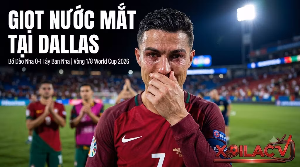 Hình ảnh Cristiano Ronaldo bật khóc nức nở đầy tiếc nuối khi Bồ Đào Nha thất bại trước Tây Ban Nha tại vòng 1/8 World Cup 2026.